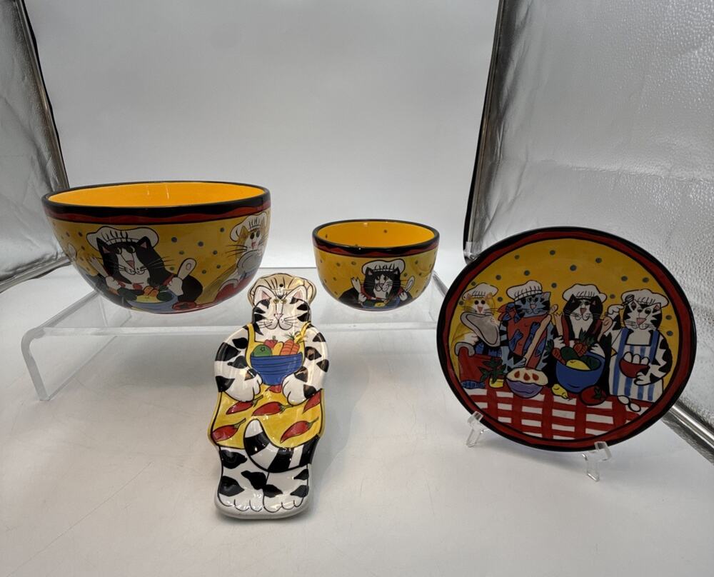 VTG 2002 Catzilla Candace Reiter Spoon Rest, Plate & 2 Mixing/Serving Bowls Lot